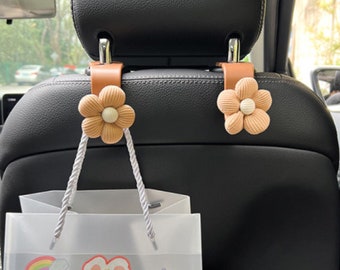 Khaki Flower Car Hook, Car Rear Seat Hook, Cute Car Headrest Hanger, Car Interior Storage, Handmade Car Decor, Handbag Car Hook