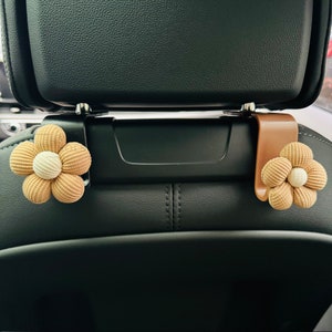 Khaki Flower Car Hook, Car Rear Seat Hook, Cute Car Headrest Hanger, Car Interior Storage, Handmade Car Decor, Handbag Car Hook image 1