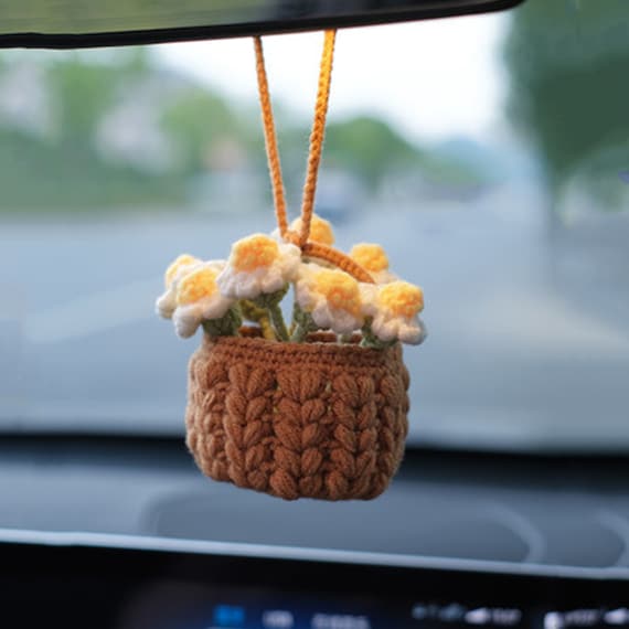 Handmade Crochet Flower Basket, Cute Car Hanging, Potted Plant Car Decor,  Car Rearview Mirror Pendant, Car Accessories, Boho Carornament 