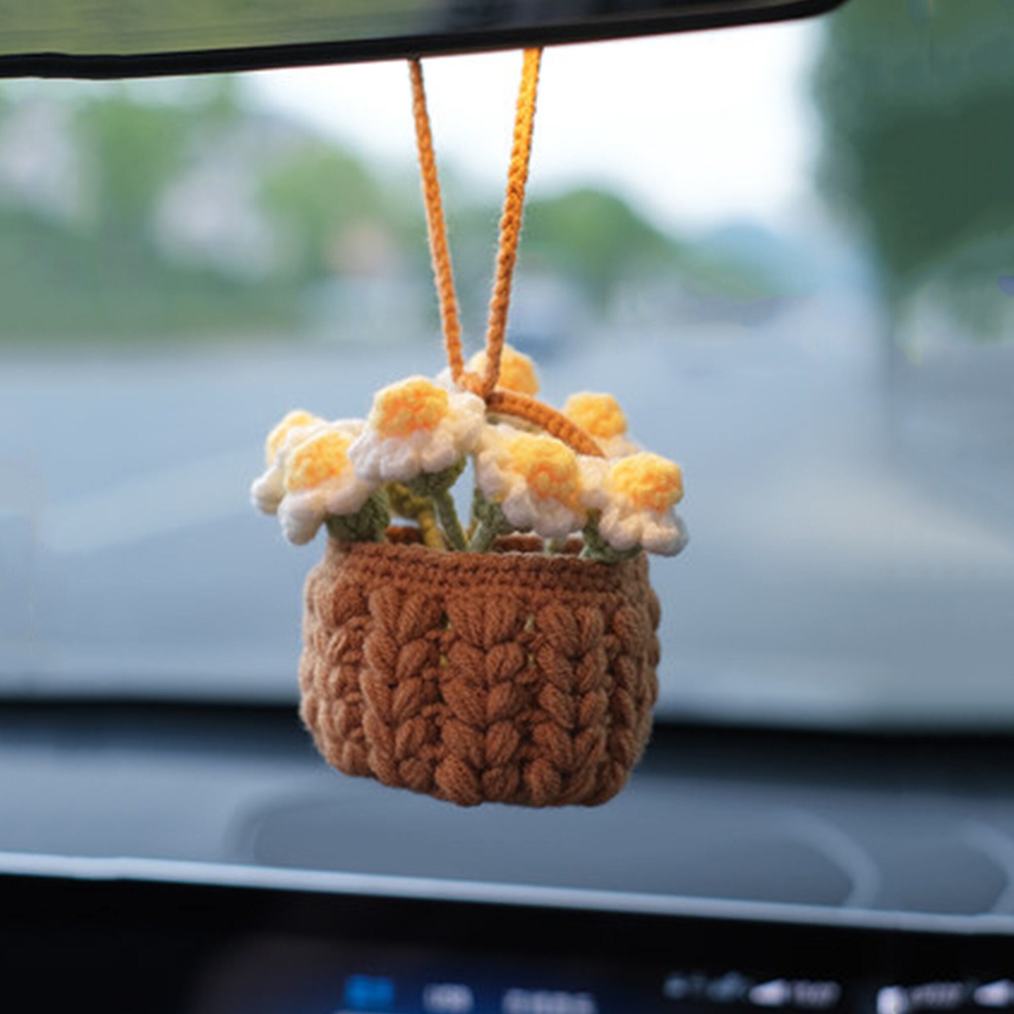 Home/Car Ornament Cute Red Rose Potted Plants Crochet Car Mirror Hanging  Deco
