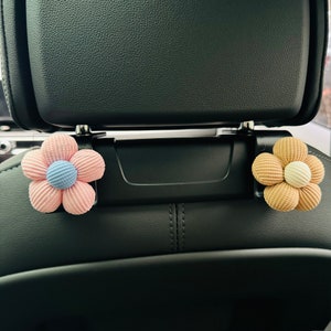 Khaki Flower Car Hook, Car Rear Seat Hook, Cute Car Headrest Hanger, Car Interior Storage, Handmade Car Decor, Handbag Car Hook image 2