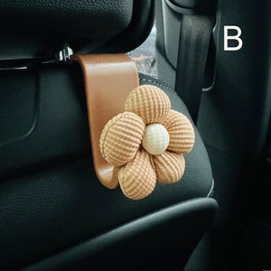 Khaki Flower Car Hook, Car Rear Seat Hook, Cute Car Headrest Hanger, Car Interior Storage, Handmade Car Decor, Handbag Car Hook B
