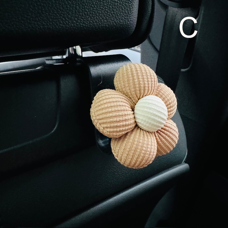 Khaki Flower Car Hook, Car Rear Seat Hook, Cute Car Headrest Hanger, Car Interior Storage, Handmade Car Decor, Handbag Car Hook C
