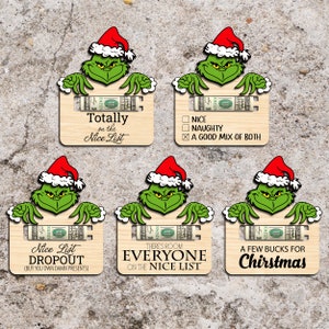 Elenco dei cartoni animati di Natale Porta soldi e buoni regalo di Natale in formato svg, Citazioni divertenti di Natale, Buono regalo di Natale in formato svg, File tagliato al laser, File svg Glowforge