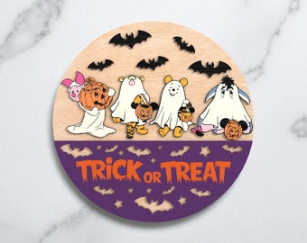 Trick or Treat Halloween Door Sign SVG , Cute Ghost Animal Wood Round , Laser Cut File for Digital Download for Glowforge, Halloween Decor