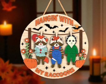 Halloween Raccoons Door Hanger Glowforge File,Cute Spooky Animals Laser Cut File , Fall Porch Hanging Sign, Halloween Decor SVG for Laser