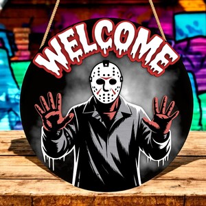 Jason Horror Welcome Sign SVG, Halloween Scary Door Hanger Laser Cut File, Creepy Masked Killer SVG for Glowforge Cricut