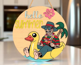 Funny Hello Summer Sign SVG for Laser Cut, Cartoon Duck Float Round Door Sign File for 3mm Wood Decor