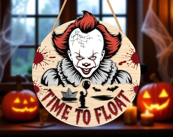 Halloween Door Hanger Laser Cut File ,“Time to Float” Creepy Clown Face Sign Svg, Scary Wooden Wall Decor,Halloween Glowforge Laser Cut File