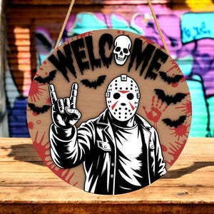 Jason Welcome Sign SVG, Horror Laser Cut File for Halloween Decor, Scary Mask Door Hanger Svg DXF PDF Glowforge Cricut