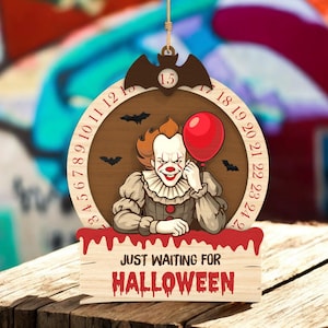 Contagem regressiva de Halloween Pennywise SVG, arquivo de corte a laser de palhaço de terror, placa Glowforge SVG, decoração de Halloween Spooky IT