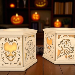 DIY Halloween Lantern Glowforge File,Spooky Wooden Light Box SVG for Laser,Layered Horror Mask Characters Laser Cut,Haunted Table Lamp Decor