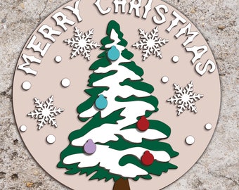 Feliz Navidad puerta signo svg, invierno puerta signo svg, Navidad puerta colgador SVG, archivos cortados por láser, árbol de Navidad SVG, archivos svg Glowforge