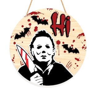 Bloody Knife Horror Door Sign SVG , Halloween Scary Welcome Wood Sign Laser Cut File, Spooky Round SVG Design