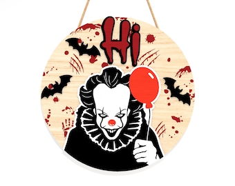 Creepy Clown Balloon Door Sign SVG , Bloody Halloween Round Wood Sign Laser Cut File , Spooky Welcome Cutout Design
