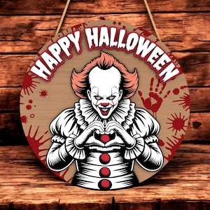 Placa de porta de Halloween Pennywise SVG, arquivo de corte a laser de palhaço assustador, decoração de parede de terror, Glowforge Cricut SVG DXF PDF