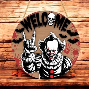 Letrero de bienvenida de Pennywise SVG, colgador de puerta de payaso de terror de Halloween, archivo cortado con láser, SVG DXF PDF aterrador para Glowforge Cricut