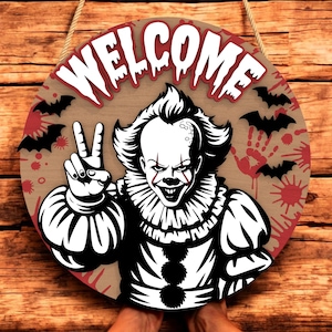 Placa de boas-vindas Pennywise SVG, arquivo de corte a laser de Halloween de palhaço assustador, download digital de placa de porta de terror