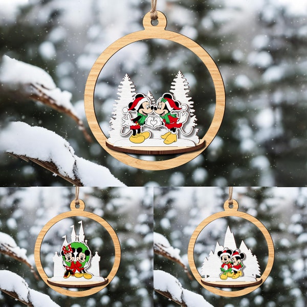 3D Christmas Mouse Ornament Svg Bundle, 3D Cartoon Ornament SVG, Glowforge Laser Cut Ornament, Glowforge svg files, Ornament svg