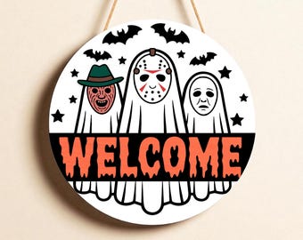 Funny Halloween Ghost Welcome Sign SVG, Layered Laser Cut File for 3mm Wood, Spooky Door Hanger Digital Download