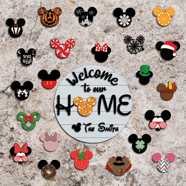 Welcome to Our Home Door Sign svg, Cartoon Mouse Head Welcome Sign svg, Christmas Door Hanger SVG, Laser Cut Files, Glowforge svg files