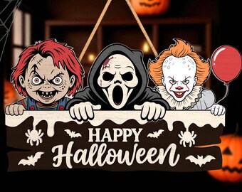 Happy Halloween Trio Villains Sign Glowforge File , Horror Laser Cut File , Wooden Masked Characters SVG for Laser Cutting, Halloween Decor