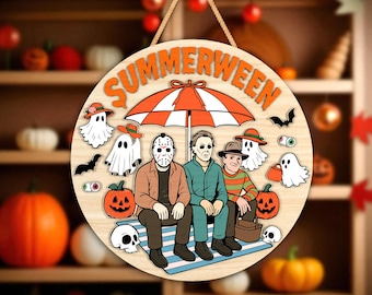 Summerween Door Hanger Glowforge Laser Cut File ,Horror Beach Scene Laser Cut File SVG for Laser , Spooky Vacation Sign, Halloween Decor