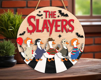 Letrero SVG de ganso de Halloween, colgador de puerta de The Slayers, archivo de corte Glowforge, decoración cortada a láser de pato espeluznante, letrero de porche de otoño