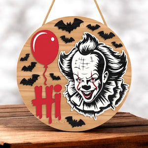Placa de "Oi" do Palhaço Pennywise SVG, Arquivo de Corte a Laser de Terror para Halloween, Balão Vermelho Glowforge SVG, Decoração de Madeira com Palhaço Assustador