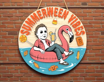 Summerween Vibes Wooden Door Sign, Halloween Beach Decor, Funny Pool Sign, Glowforge Laser Cut SVG for Summer Halloween Party