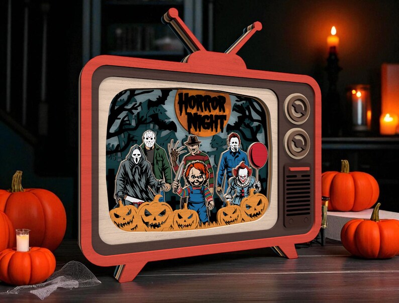 Horror Screen Display Halloween TV Shadow Box Laser Cutfile SVG, “horror Night” Retro Wooden ...