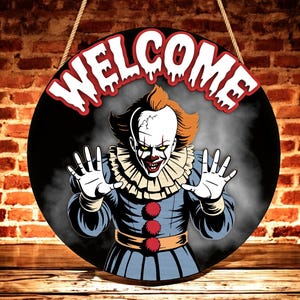 Placa de boas-vindas Pennywise SVG, arquivo de corte a laser de palhaço assustador, enfeite de porta de Halloween SVG, decoração de terror SVG para download