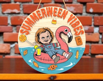 Summerween Vibes Door Sign SVG , Funny Halloween Beach Sign , Glowforge Laser Cut File , Horror Pool Decor, Spooky Summer SVG