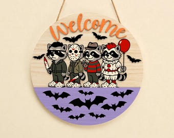 Trick or Treat Halloween Door Sign SVG, Cute Ghost Animal Wood Round , Laser Cut File for 3mm Wood, PDF SVG  Halloween Decor