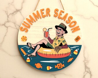 Summer Season Door Sign SVG, Funny Spooky Beach Round Sign File, Glowforge Laser Cut Halloween Decor, Summerween Porch Wall Art