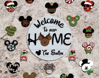 Welcome to Our Home Door Sign svg, Cartoon Mouse Head Welcome Sign svg, Christmas Door Hanger SVG, Laser Cut Files, Glowforge svg files