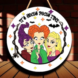 Witch Trio Halloween Door Sign SVG , Hocus Magic Wood Round Cut File , 3D Laser Cut Layered Halloween Decor, Glowforge Project