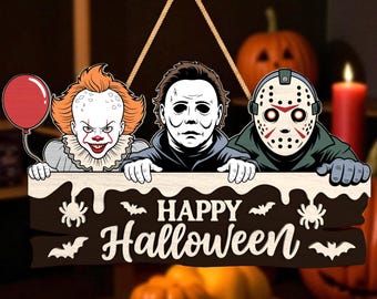 Happy Halloween Villains Sign Glowforge File Svg,Horror Movie Laser Cut File , Trio Masked Characters SVG for Laser Cutting, Halloween Decor