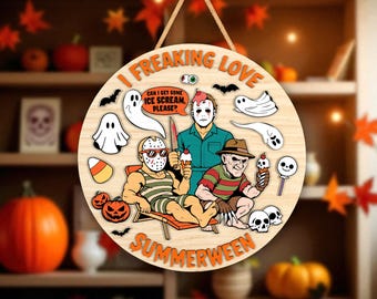 Summerween Horror Beach Scene Glowforge Laser Cut File,Horror Laser Cut File,Movie character SVG for Laser,Funny Spooky Vacation Door Hanger