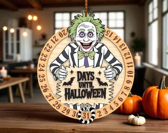 ハロウィンカウントダウンサイン Glowforge ファイル、ストライプスーツの不気味なキャラクター SVG、木製のハロウィンまでの日数カレンダーデコレーション、レーザー用ハロウィン SVG
