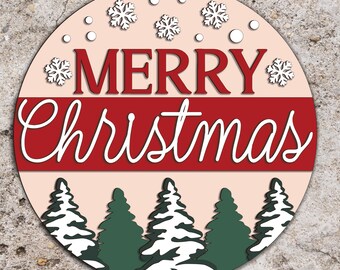 Feliz Navidad puerta signo svg, invierno puerta signo svg, Navidad puerta colgador SVG, archivos cortados por láser, árboles de Navidad SVG, archivos Glowforge svg
