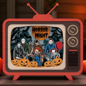 May include: A red and brown wooden television featuring a Halloween scene with horror characters, jack-o'-lanterns, and the text "HORROR NIGHT". The TV has a retro design with aerials and speaker details, reminiscent of vintage sets.