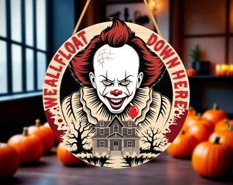 Halloween Door Hanger Laser Cutfile Svg,Creepy Clown with Haunted House Sign Svg ,Spooky Wooden Wall Decor ,Halloween Glowforge Laser Cut