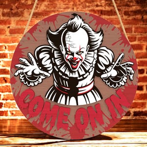Letrero de entrada Pennywise SVG, archivo de corte láser para decoración de terror de Halloween, Glowforge Cricut Svg DXF PDF, archivo de corte de arte de payaso aterrador