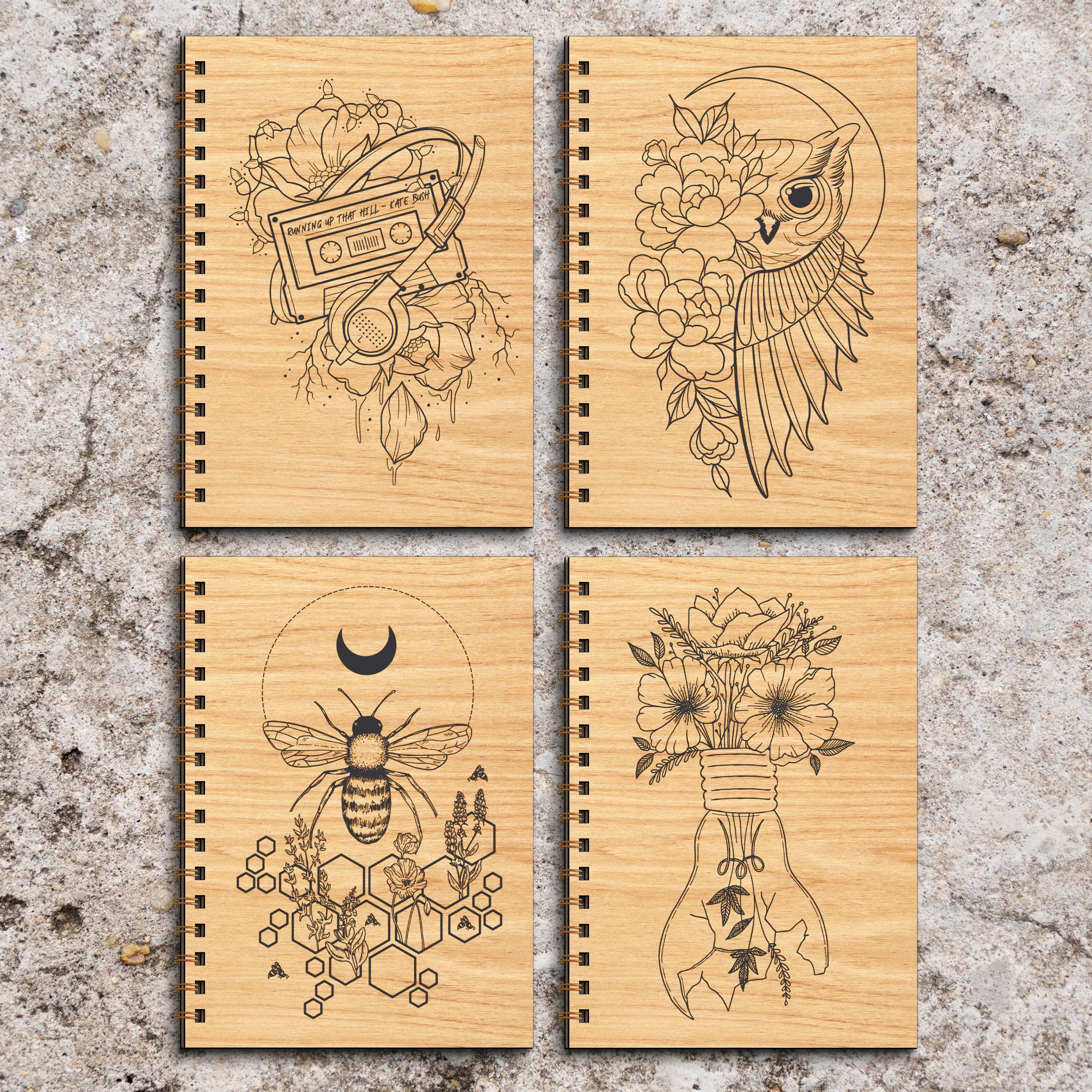 Floral Bee Notebook Cover svg,Floral Owl Notebook svg,Floral Wooden Diary Cover Laser Cut Files,Vale