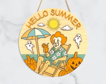 Summer Halloween Laser Cut Sign SVG | Funny Horror Beach Round Door Hanger | 3mm Wood Layered File for Cricut Glowforge