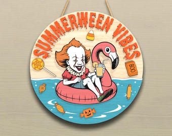 Summerween Vibes Funny Door Sign , Halloween Beach SVG , Glowforge Laser Cut File , Creepy Cute Pool Decor, Spooky Summer Sign