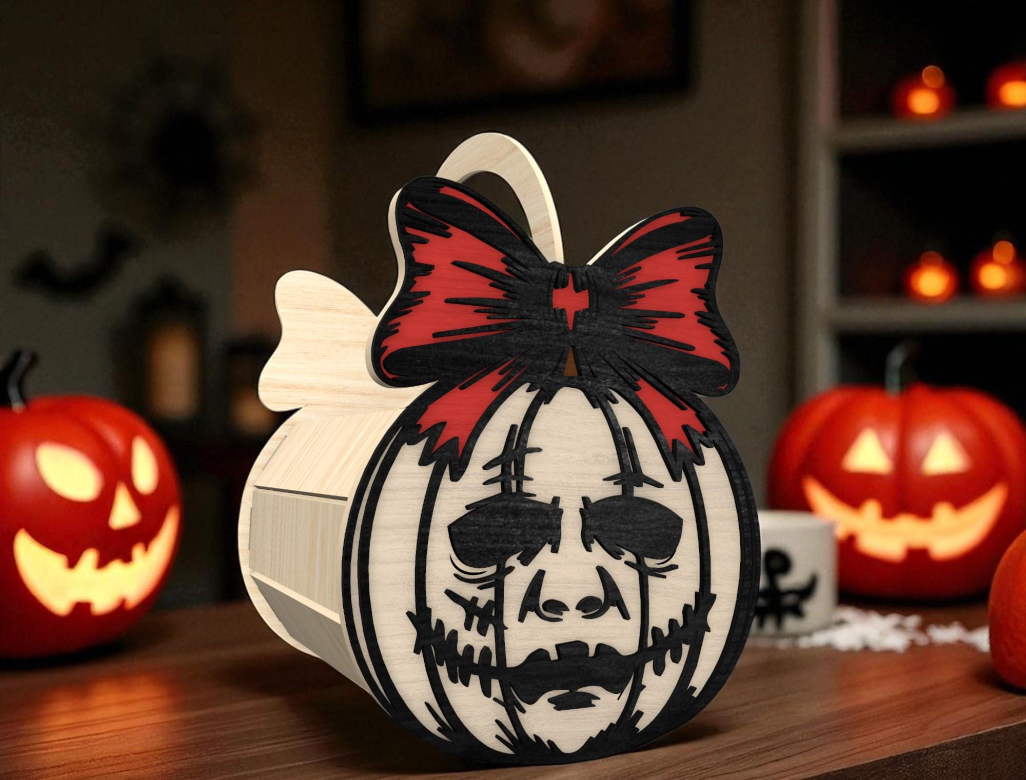 ハロウィンかぼちゃオーナメント SVG - 赤いリボンの怖い顔、お化け