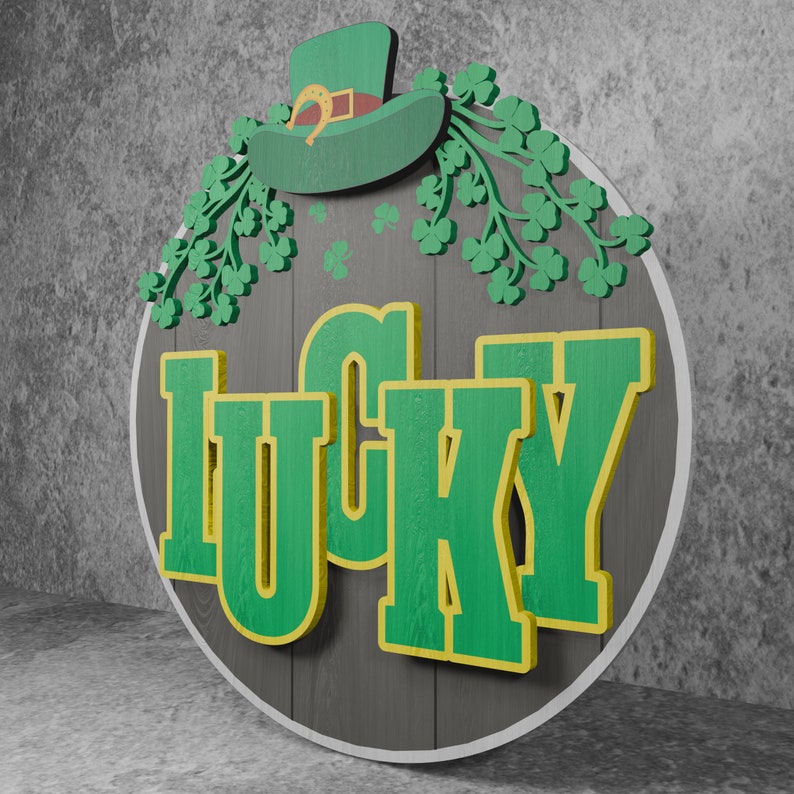 May include: A round wooden sign with a green shamrock design and the word "LUCKY" in green letters with a yellow outline.