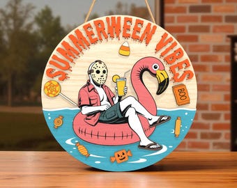 Summerween Vibes Laser Cut Sign SVG, Funny Halloween Pool Door Hanger, Spooky Tropical Wood Sign for Glowforge, Beach Theme SVG File